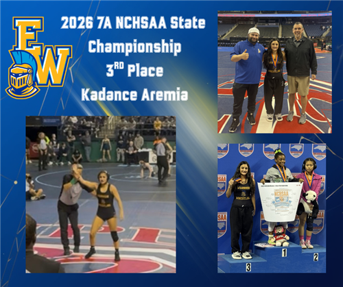 Kadence Aremia is declared the winner as a refer holds up her right arm. She poses with her two wresting coaches.