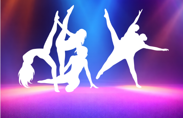  white silhouette of dancers against a pink and purple background