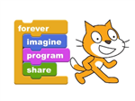 Scratch Coding Site, FOrever, Imagine, Program, SHare with Scratch Cat 