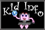 Black square with pink computer robot holding a globe with Kid Info words describing the site link 