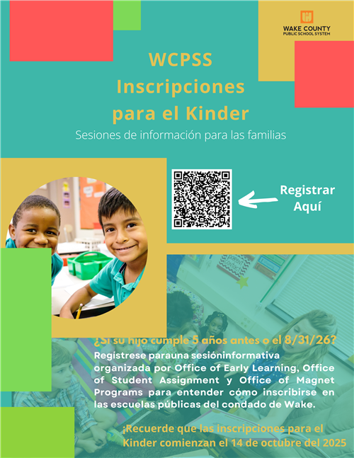 Flyer for Kindergarten enrollment, has a qr code and picture of smiling children