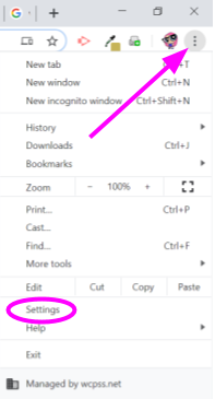 an image of the Chrome browser showing the three dots in the upper right corner and the Settings location 