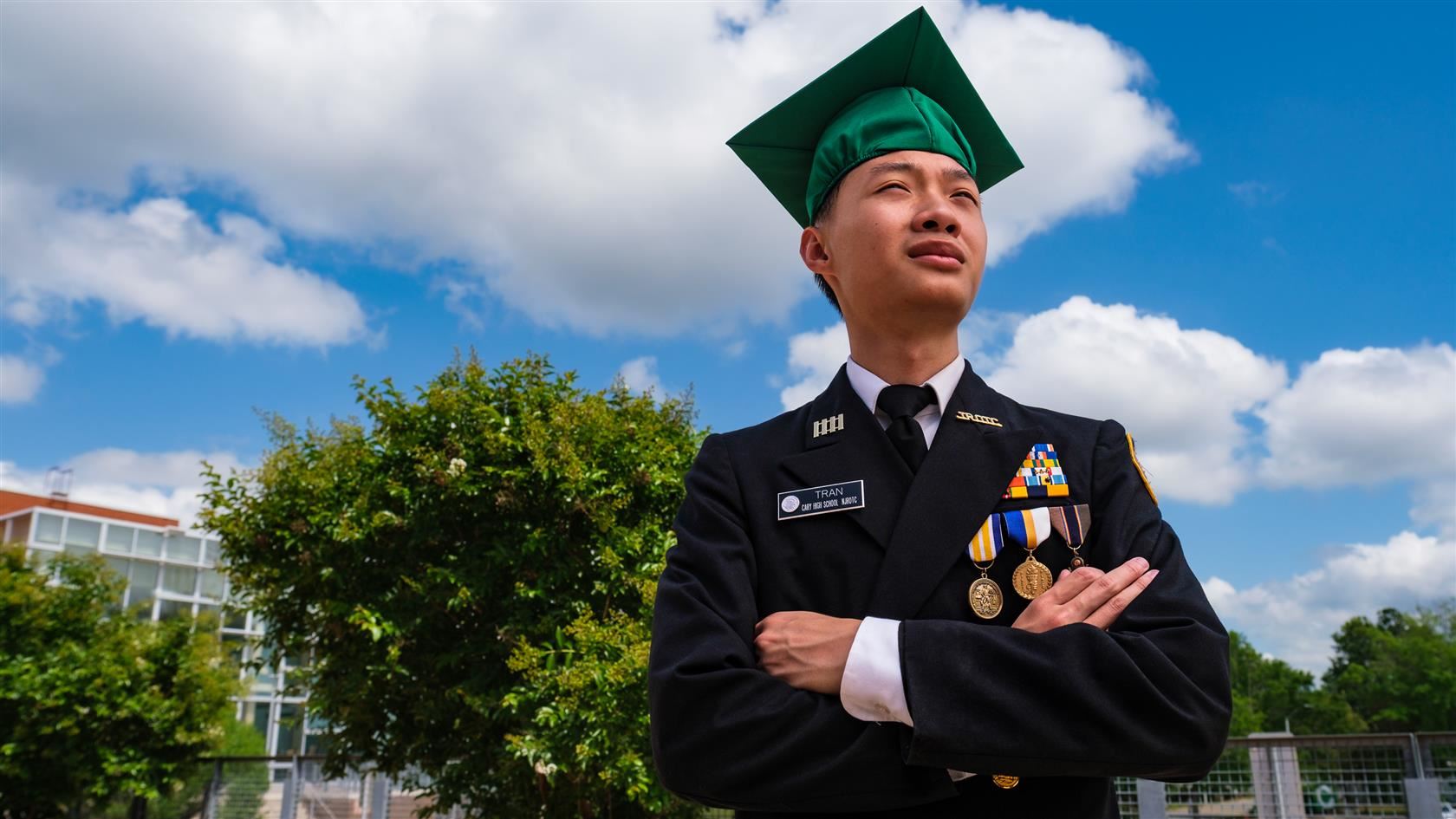 Cary High's Woodward Tran in uniform and cap