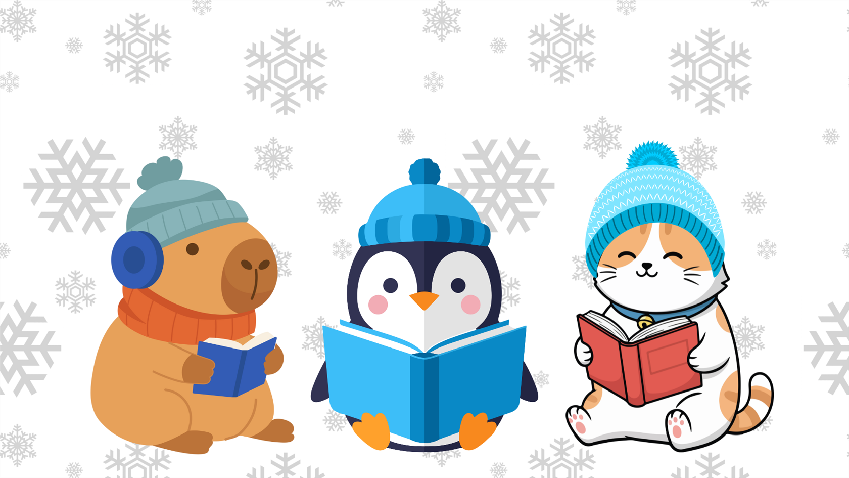  animals reading in a snowy background