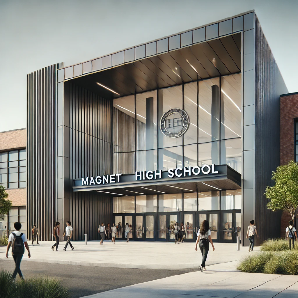  Modern looking entrance to a magnet high school